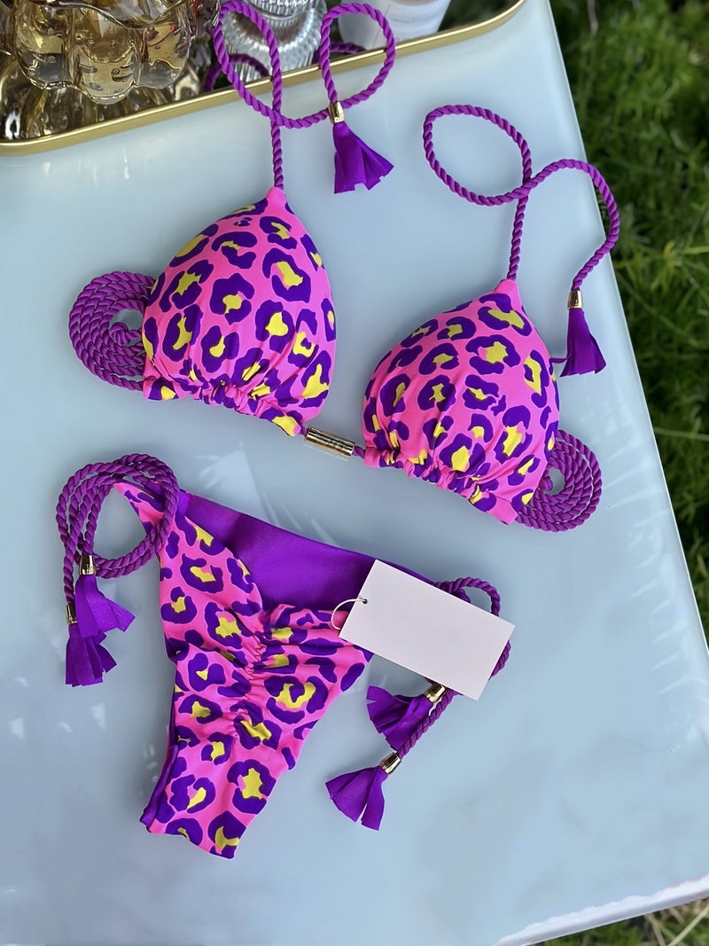 Printed Fabric Rope Bikini Triangle Swimsuit Swimwear - Image 1